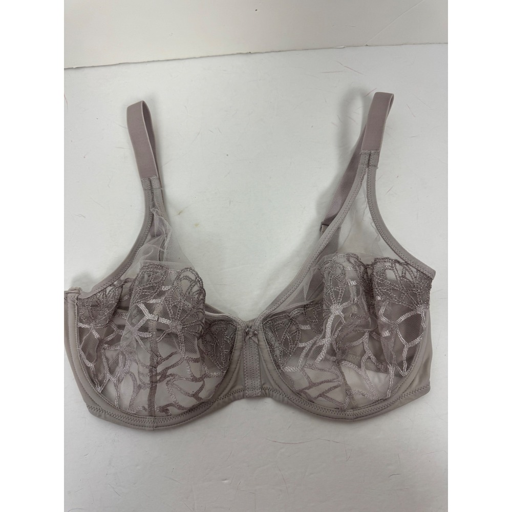 Simone Perele Java Plunge Bra Linen Gray Mesh Floral Lace Underwire 34F 12G319